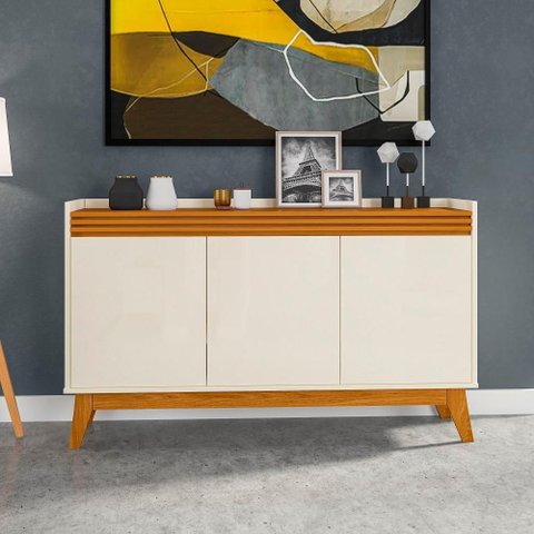 Buffet Aparador 3 Portas Ripado Bahamas 136cm - Via Nossa - Off White e Cedro