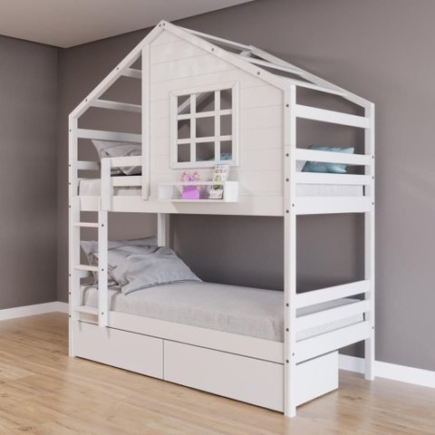 Beliche Casinha com Janela com 02 Gavetas Madeira Maciça Branco Housin