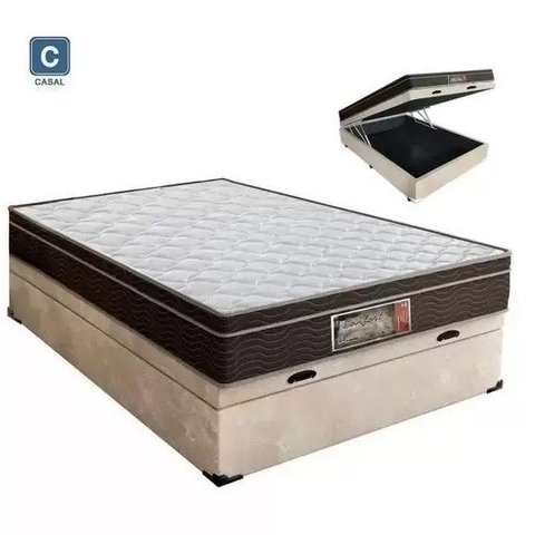 Cama Box Baú Casal Conforto Suede Bege + Colchão Casal Conforto Espuma D33 Com EPS 24x138x188