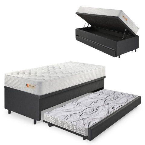 Bicama Box Baú Courino Linho 88x188 com Colchão Ecoline D33 Ecoflex