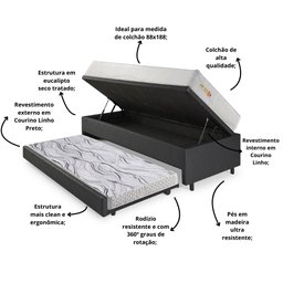 Bicama Box Baú Courino Linho 88x188 com Colchão Ecoline D33 Ecoflex - 6