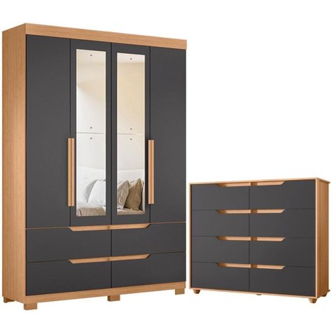 Guarda Roupa Solteiro com Cômoda Doble 4 Portas de Bater com Espelho 4 Gavetas MDP Freijo Titanium