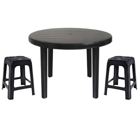 Mesa Redonda Desmontável de Plástico 94cm Preta + 2 Banquetas Empilháveis