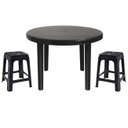 Ver imagem 1 de Mesa Redonda Desmontável de Plástico 94cm Preta + 2 Banquetas Empilháveis