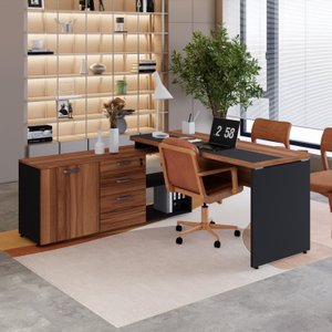Mesa para Escritório Diretor em L Escrivaninha com Armário e Gavetas – Tampo Bicolor Yescasa 