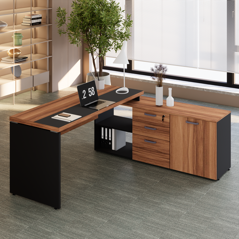 Escrivaninha Diretor em L com Tampo Extensível 170cm com Armário e Gavetas Yescasa