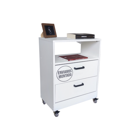 Mesa de Cabeceira Branca 50cm 2 Gavetas Mdf Quarto Gaveteiro Puxador Arquivo-com Rodinhas (montado)