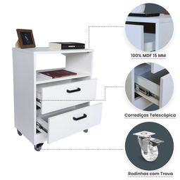 Mesa de Cabeceira Branca 50cm 2 Gavetas Mdf Quarto Gaveteiro Puxador Arquivo-com Rodinhas (montado) - 3