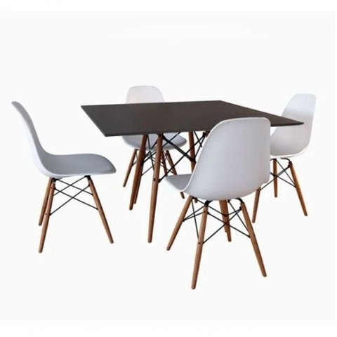 Conjunto Mesa Jantar Quadrada Eiffel 90cm Preto Mdf + 4 Cadeiras Charles Eames Brancas