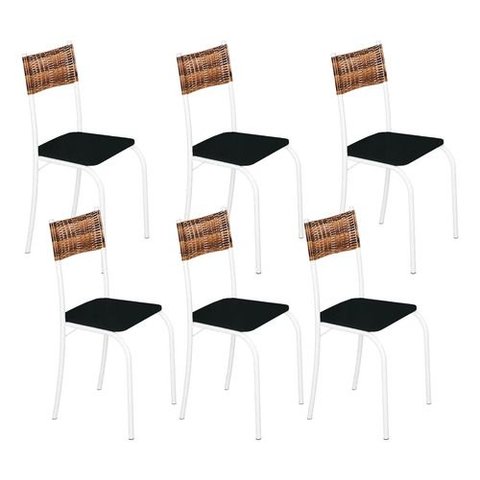 Kit 6 Cadeiras Atlanta Corino Preto e Rattan Carvalho Tubo Branco