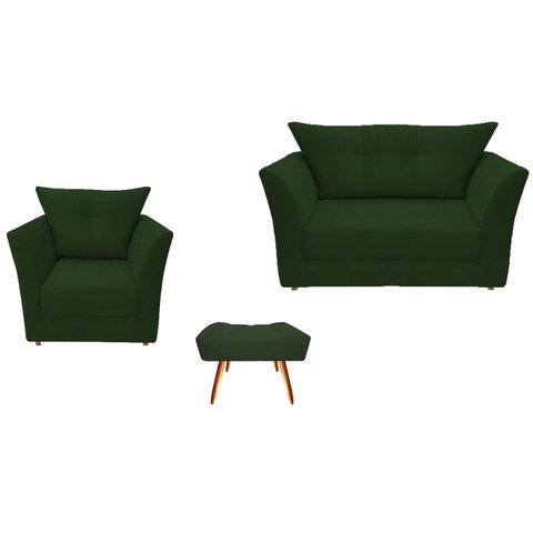 Kit Namoradeira + 1 Poltrona Decorativa Isis + 1 Puff Retangular Suede Verde Pés Madeira Ms Decor