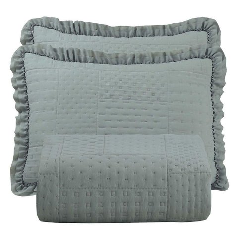 Kit Cobre Leito Colcha Casa Scarpa Maison King C/ Babado Percal 300 Fios 3 Peças - Cinza