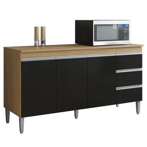 Balcão de Cozinha com Tampo 160cm 3 Gavetas Andréia Amêndoa/preto - Ajl Móveis
