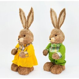 Casal de Coelhos Páscoa Enfeite de Palha Coelhinhos Coloridos 60cm - 2