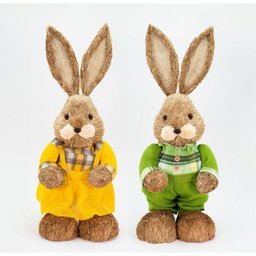 Casal de Coelhos Páscoa Enfeite de Palha Coelhinhos Coloridos 60cm - 1