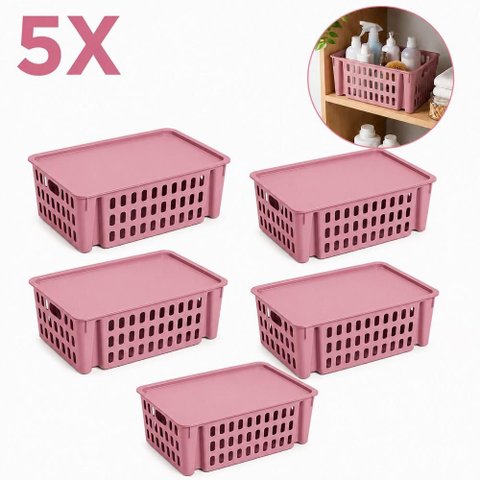 Kit 5 Cestos Organizadores Rosa 7,4L Empilhaveis com Tampa Porta Alimentos Armario Prateleira