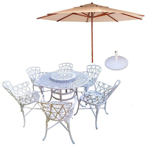 Conjunto de Jardim Viena Mesa 1,25m Giratória 6 Cadeiras e Guarda Sol Bege