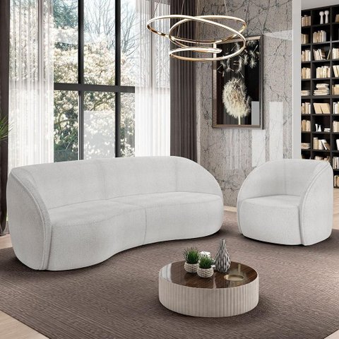 Kit Sofá 4 Lugares Eron 288cm com Poltrona Giratória Angelina M03 Bouclê Branco - Lyam Decor