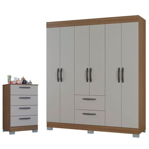 Cômoda 867 4 Gavetas e Guarda Roupa Casal Tóquio 6 Portas Castanho Off White - Poquema