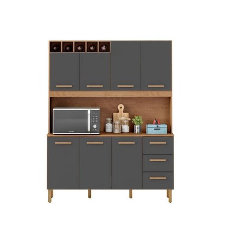 Armário de Cozinha Alice 1,57m com 7 Portas Amêndoa Grafite