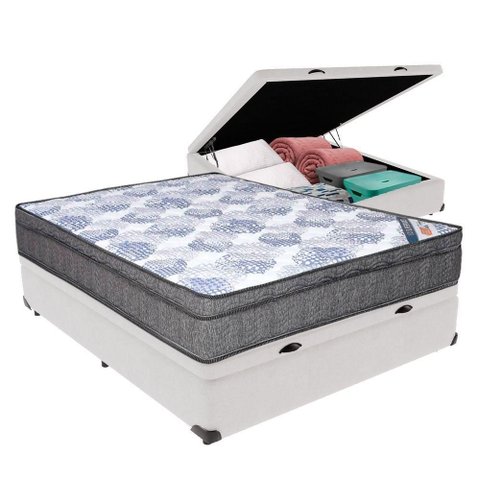 Cama Box Baú Bege Ortobom Colchão Iso Molas e Pillow Viúvo Branco