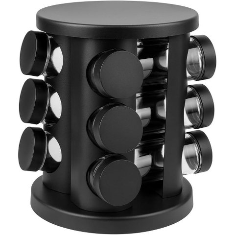 Porta Condimentos Giratório 12 Potes de Vidro Inox Preto Redondo Relobraz