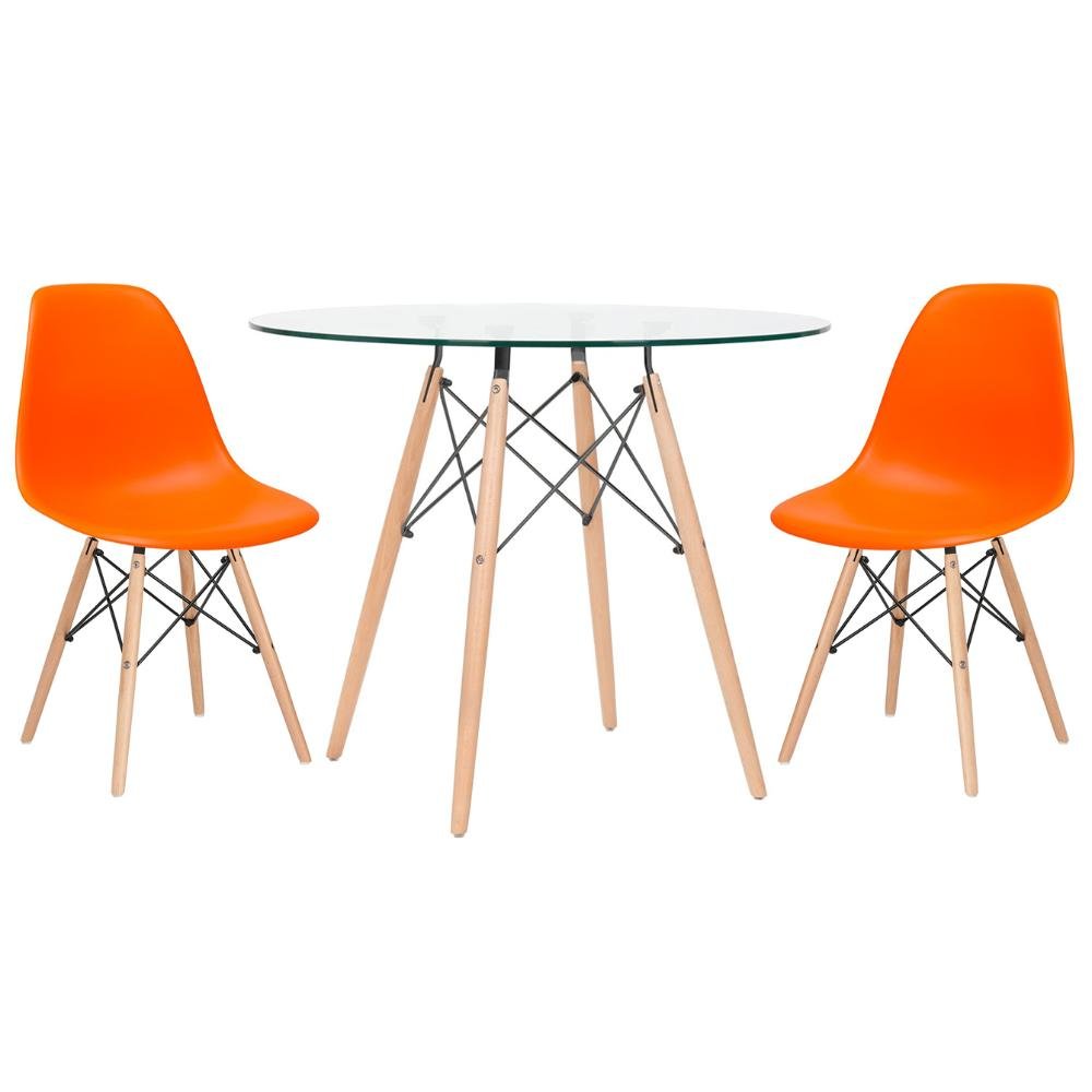 KIT - Mesa Eames com tampo de vidro 80 cm + 2 cadeiras Eiffel DSW Laranja - 1