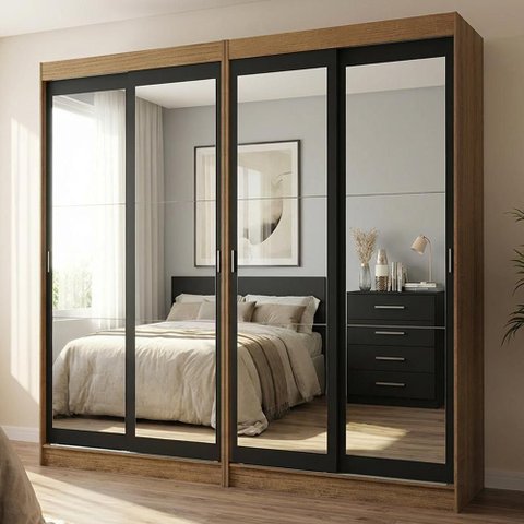Conjunto 2 Guarda Roupas Casal Tokio 4 Portas de Correr com Espelhos Rustic e Preto Madesa 218cm