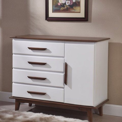 Cômoda 4 Gavetas 1 Porta 100% Madeira Maciça Branco/Castanho