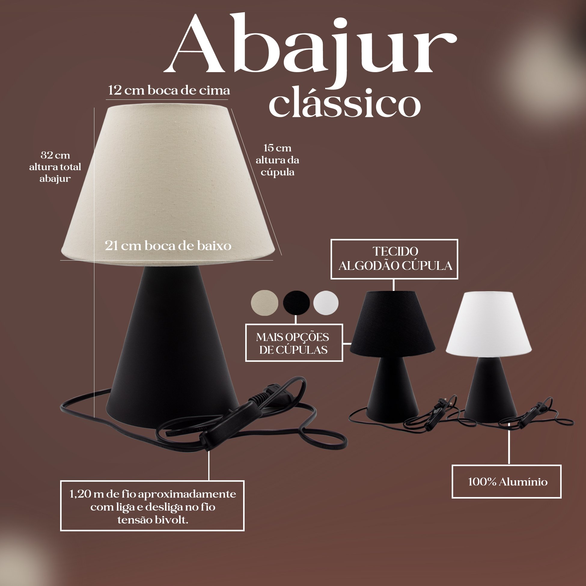 Abajur Luminária Cone Preto Cobre de Mesa com Cúpula Branco - Bivolt e ...