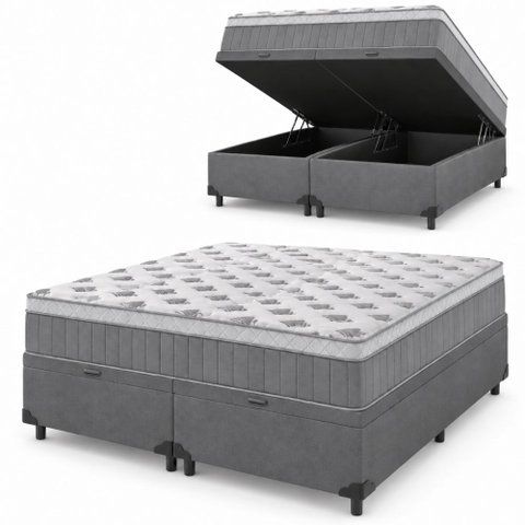 Cama Box Baú Casal Queen Colchão Molas Ensacadas Ômega 158x198x73cm Cinza / Branco Hellen