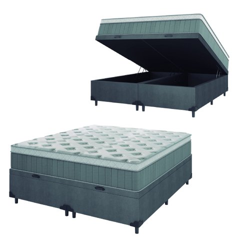 Cama Box Baú Casal Queen Colchão Molas Ensacadas Ômega 158x198x73cm Cinza / Branco Hellen