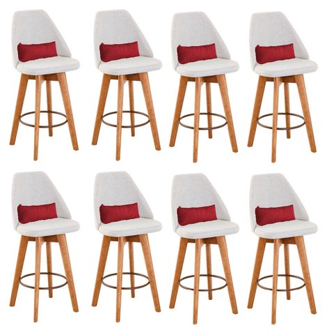 Kit 08 Banquetas Alta Maya Giratória Com Encosto Gourmet Linho Bege e Almofada Sintético Vermelho