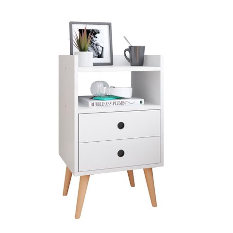 Mesa de Cabeceira Moderna Mesinha Canto Quarto Apoio Cama 2 Gavetas e Nicho Decoração Retrô Dream