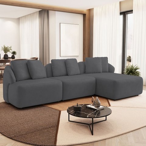Sofá 4 Lugares com Chaise Direito Sala Living 288cm Arlo F04 Veludo Grafite - Lyam Decor