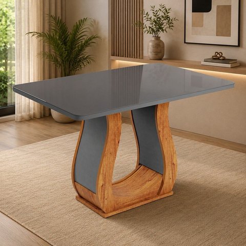 Mesa de Jantar Retangular 4 Lugares com Tampo de Vidro Inspirare Mel e Cinza