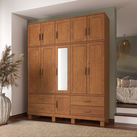 Guarda-Roupa 11 Portas 4 Gavetas com Espelho Madeira Maciça Marrom/Castanho