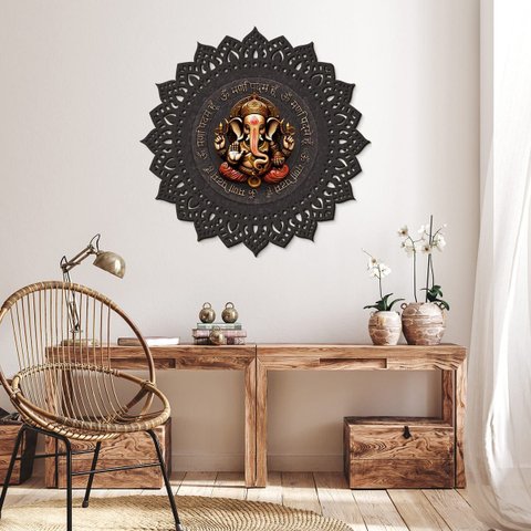 Mandala em Madeira, Impressão Uv - Deus Ganesha
