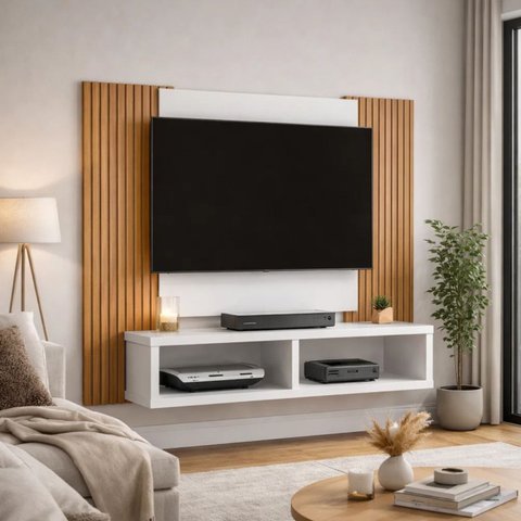 Painel Sala para Tv Navi até 48 Polegadas com Nicho:branco-ripado