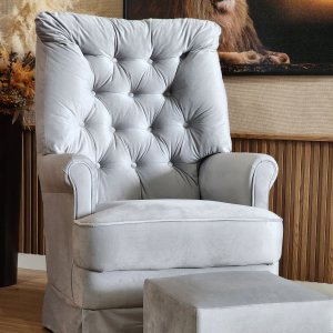 Poltrona de Amamentaçao Balanço e Puff Lila Baby Veludo Cinza - Larbelle