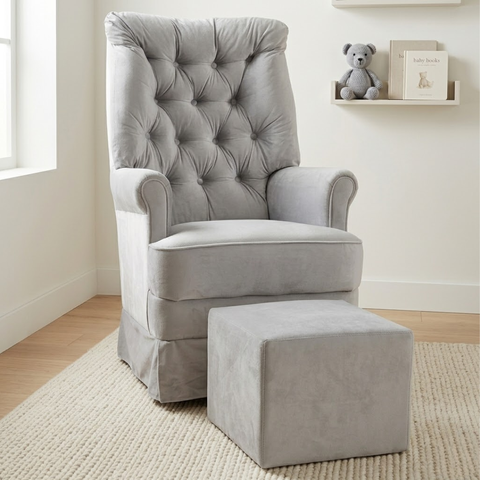 Poltrona de Amamentaçao Balanço e Puff Lila Baby Veludo Cinza - Larbelle