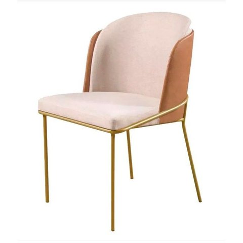 Cadeira Aurora Sala de Jantar Courino Caramelo Linho Bege Dourado
