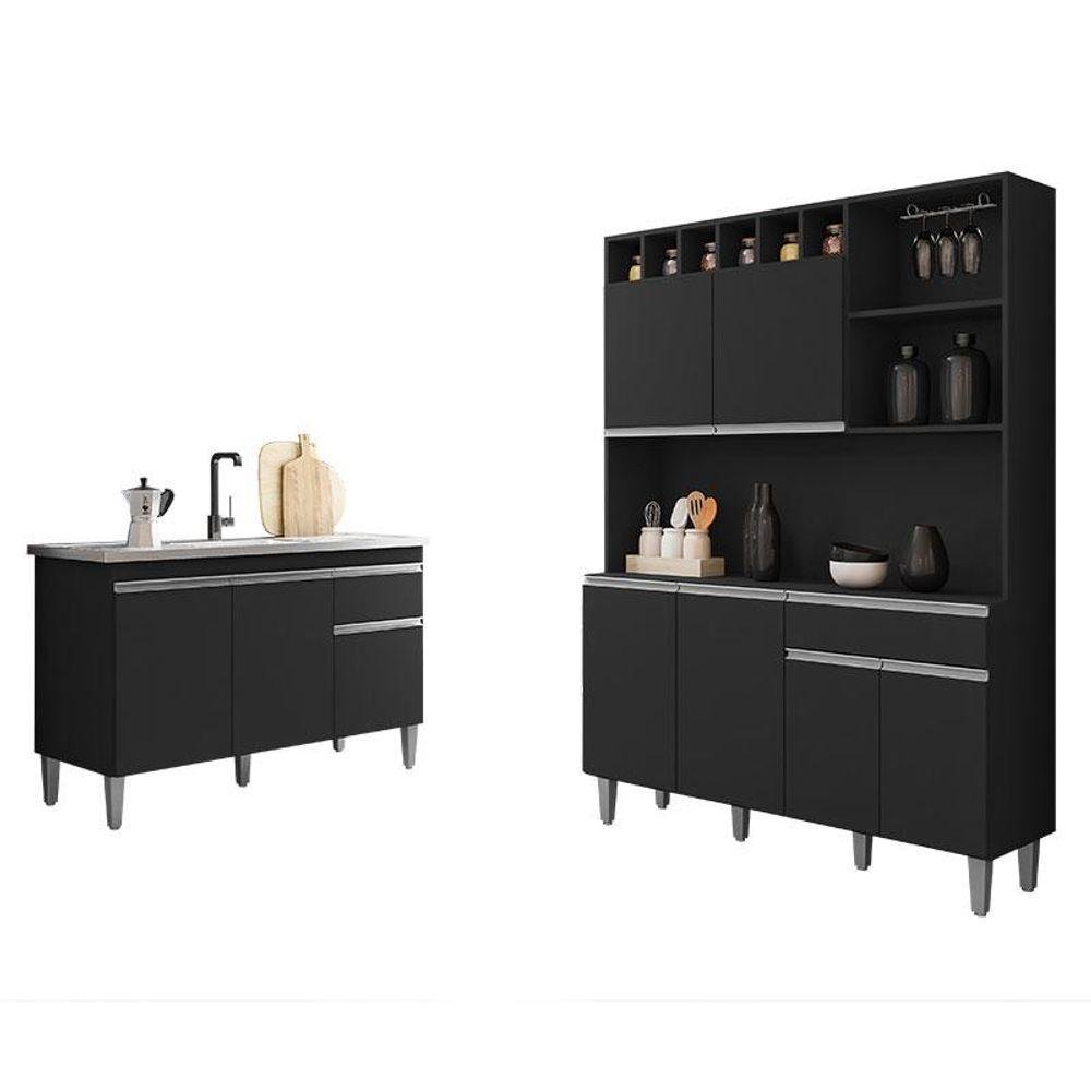 Balcão de Pia Tatiane 120 Cm e Armário Cozinha Kit Alice Ambiente Preto Fosco - Ajl