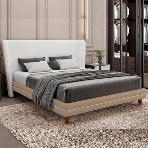 Cama Japonesa com Cabeceira Corea Casal Courino Bege / Bouclé Suave Off White - Sallar Home