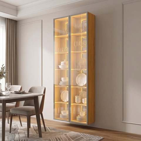 Cristaleira 2 Portas Vidro Reflecta 100% MDF com LED e Espelho Suspensa 218x76cm Naturale Luminare