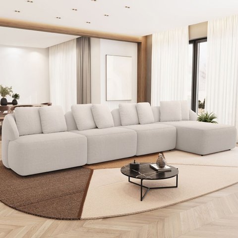 Sofá 5 Lugares com Chaise Direito Sala Living 388cm Arlo F04 Bouclê Bege - Lyam Decor