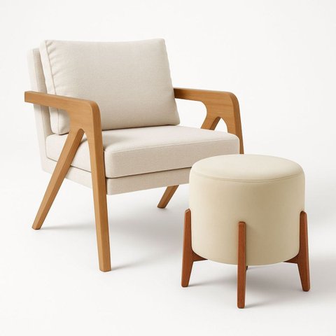 Kit Poltrona e Puff Decorativo Luxo Sala Escritório Rafa Linho Bege