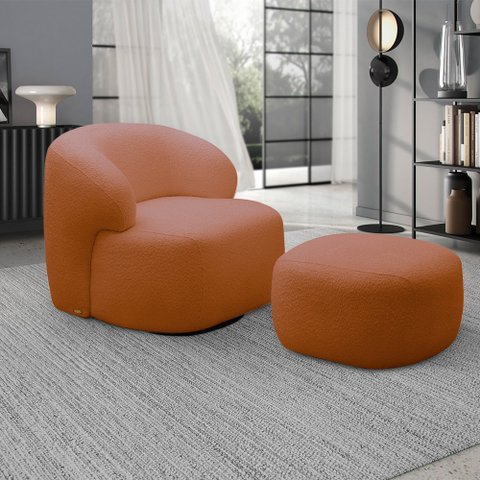 Conjunto Poltrona Base Giratória e Puff Decorativo Charlote Sala de Estar Bouclê Terracota G88 - Gra