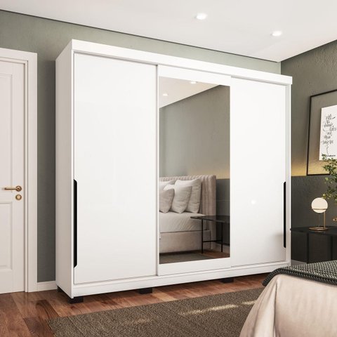 Roupeiro Madri 3 Portas de Correr com Espelho 217x213cm Branco 250831