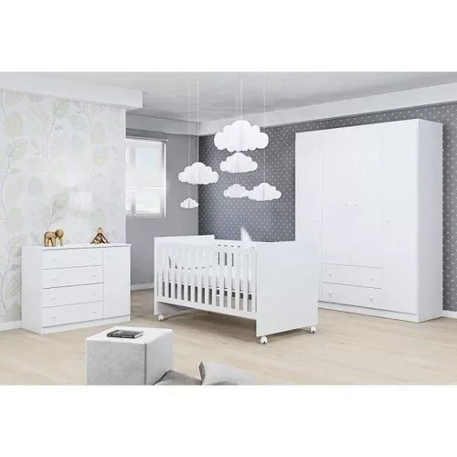 Quarto Completo Infantil Elisa MDF com Guarda Roupa 4 Portas, Cômoda 1 Porta e Berço 2 em 1 Branco - - 1